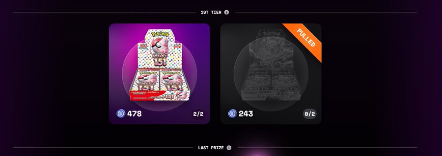 A gaming rewards screen displays "1ST TIER" with two items: a colorful Kuji pack costing 478 coins (2/2) and a grayed-out "PULLED" item costing 243 coins (6/2), showing a "LAST PRIZE" prompt. The image represents the user's $8 BOX KUJI pack pull result in their Pokemon collecting journey on BONKUJI_inu, with the 478-coin pack likely being the Super Electric Breaker BO card they successfully pulled.