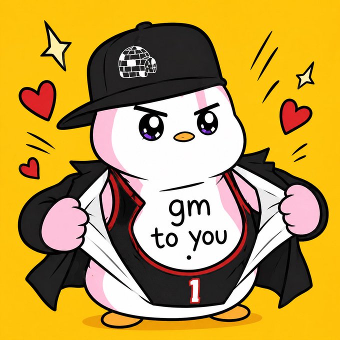 A cartoon penguin character wearing a black cap with a globe logo and a black jacket, dramatically opening its shirt to reveal a white chest with the text 'gm to you.' on a yellow background.