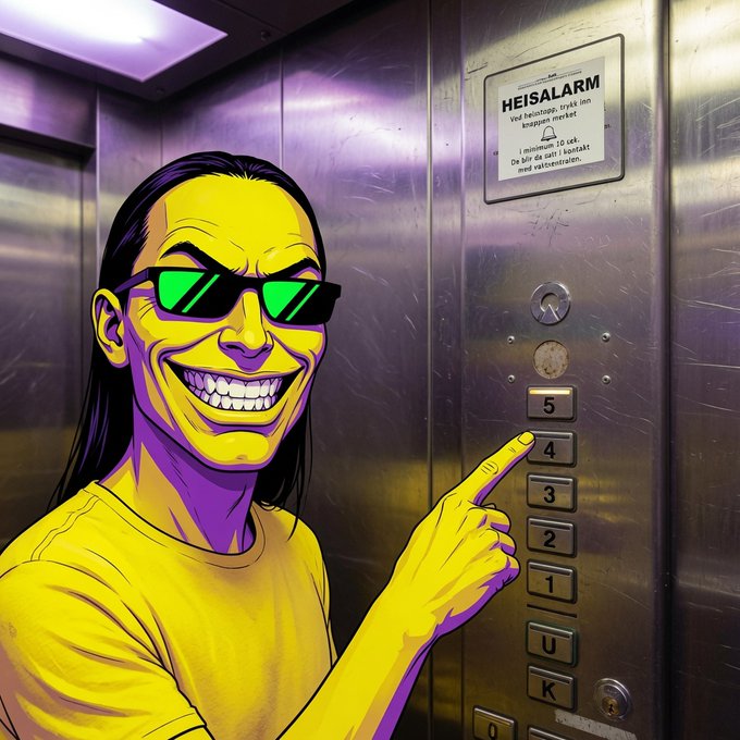 A stylized pop-art illustration of a grinning man in green sunglasses pointing at the button panel inside an elevator, with a sign reading 'HEISALARM' visible.