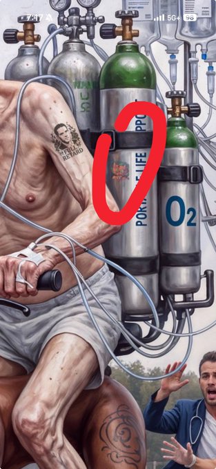 A muscular, frail man is hooked up to multiple oxygen tanks (labeled N2O, O2, and "PORN LIFES") with an IV drip, while a tattoo on his chest reads "BEEP AHEAD," and a shocked man with a stethoscope reacts in the corner. The image is marked with a red "9" and ties into the post's bullish sentiment by humorously depicting Beeple's relentless coverage of @hashcats_rh as an addictive, life-sustaining obsession.