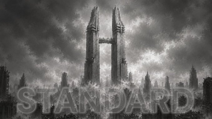 A dramatic, dark fantasy digital artwork featuring a towering gothic structure or monument rising above a dense cityscape under stormy clouds, with the word 'STANDARD' overlaid at the bottom.
