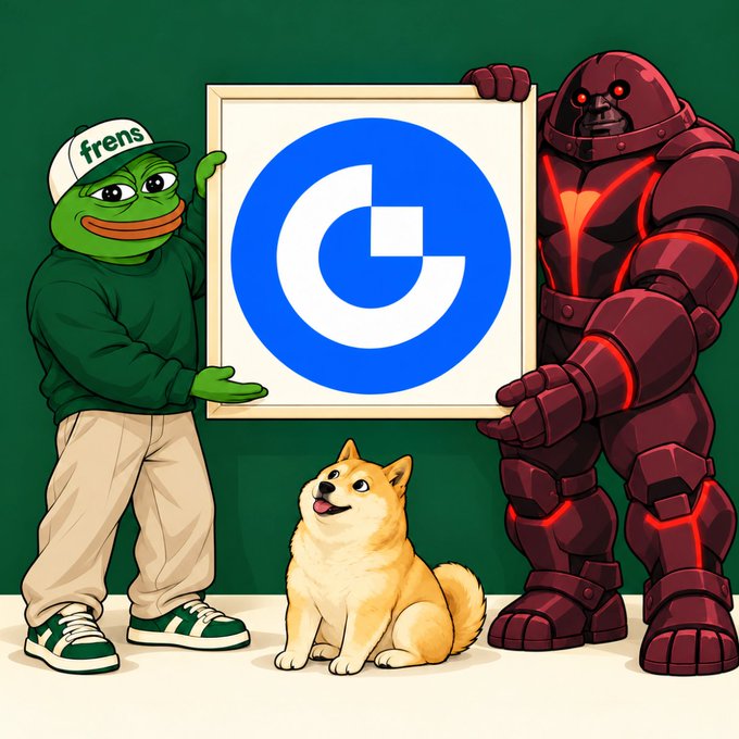 A cartoon-style image shows a green frog wearing a “frens” cap beside a seated dog, a large blue-and-white logo, and a dark armored figure against a green background.