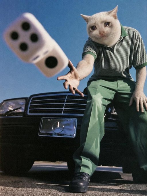 A surreal AI-generated image of a cat with a human body wearing a green striped polo shirt and green pants, leaning against a black Mercedes-Benz while tossing a large white dice.