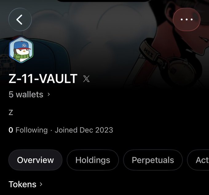 A profile page for 'Z-11-VAULT' on a crypto wallet platform showing 5 wallets, 0 following, and joined Dec 2023, with an anime character background.
