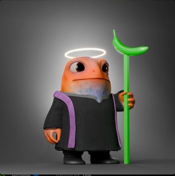 A 3D-rendered character resembling an orange amphibian with a white beard, a halo, and a purple-trimmed black robe, holding a green staff topped with a crescent shape.