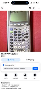 A screenshot of a Facebook Marketplace listing for a ChatGPT Calculator priced at $35, titled "ChatGPT built into calculator - Connects to WiFi/hotspot - Looks identical to normal TI-84," humorously suggesting the AI-powered device has "solved" school by cheating with built-in ChatGPT.