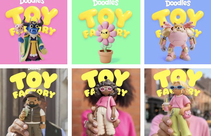 A 2x3 grid showcasing six 'Doodles TOY FACTORY' collectible figurines, including a samurai, a flower character, a robotic creature, and three stylized human figures.