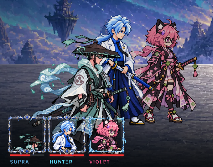 Pixel art from a video game featuring three characters named SUPRA, HUNTER, and VIOLET, who appear to be samurai-styled adventurers standing in front of a stone wall with floating islands in the background.