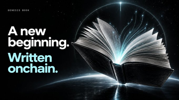 An open book glows with radiant light against a cosmic backdrop, accompanied by the text "GENESIS BOOK" and the tagline "A new beginning. Written onchain." The imagery visually reinforces the message by portraying the book as a luminous, almost mythical origin point—suggesting that this onchain "Genesis Book" represents the dawn of a new era or story being inscribed into the blockchain.
