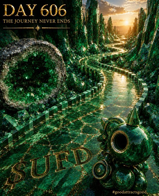 This image depicts a vibrant, emerald-themed landscape with the text "DAY 606 THE JOURNEY NEVER ENDS" and "$UFD" prominently displayed, reflecting the accompanying post's message of consistent community building in crypto. The visual aligns with the post by showcasing a journey of growth and achievement within the $UFD community.