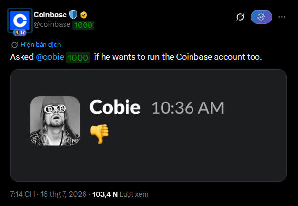 A screenshot of a Coinbase tweet quoting Cobie's message (a pointing-left hand emoji at 10:36 AM) with the caption "Asked @cobie if he wants to run the Coinbase account too." This relates to the post suggesting something may be brewing on @base, teasing potential Coinbase-related announcements involving the well-known crypto figure Cobie.