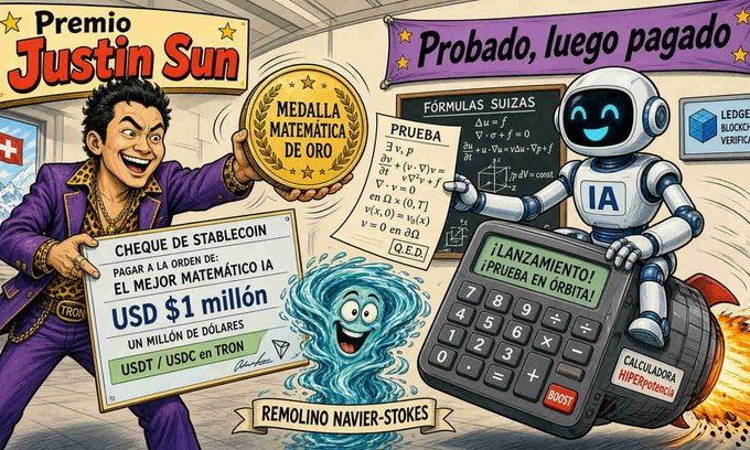A cartoon-style illustration labeled 'Premio Justin Sun' featuring a man holding a math medal and a check for USD $1 million, alongside a robot labeled 'IA' and a calculus test marked 'Q.E.D.'