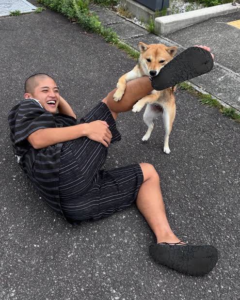 A joyful scene of a man in a black striped outfit sitting on asphalt, laughing while a Shiba Inu dog playfully grabs his raised shoe with its mouth.