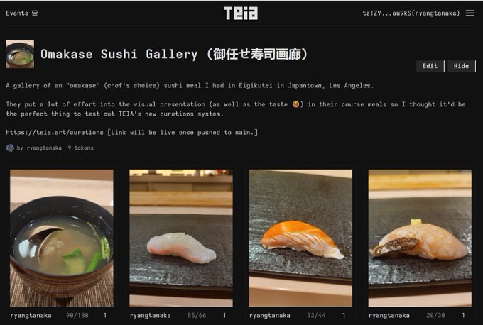 A TEIA platform screenshot titled "Omakase Sushi Gallery (御任せ寿司画廊)" by ryangtanaka showcases four images of sushi and soup with ratings like "90/100", "55/66", "33/44", and "20/30", along with text describing an "omakase" sushi meal experience.