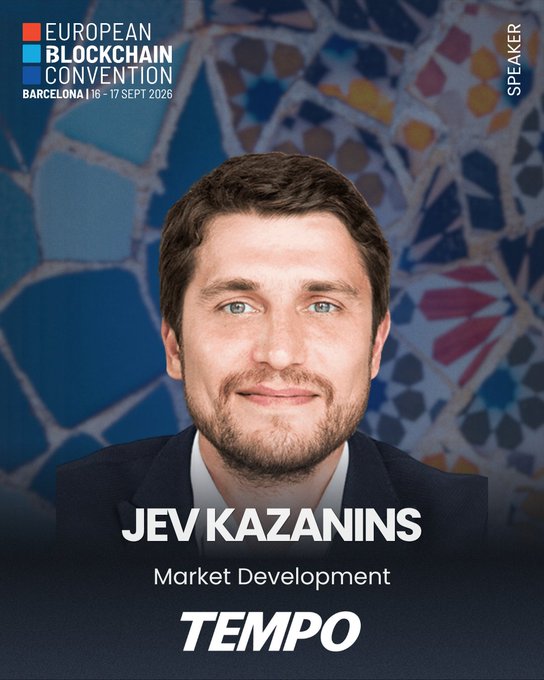 A promotional speaker card for the European Blockchain Convention in Barcelona (16-17 Sept 2026) featuring Jev Kazanins from Tempo in Market Development.