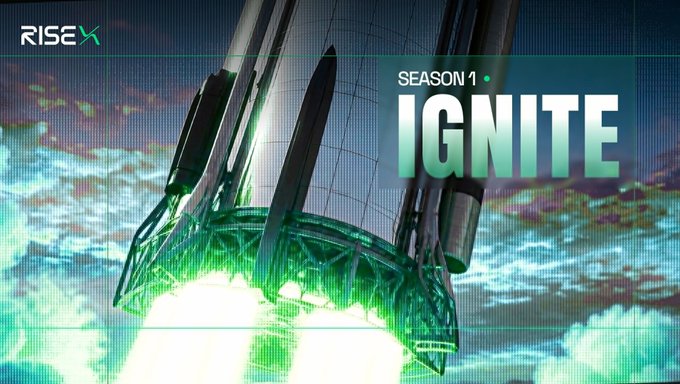 A RISEX promotional graphic reading 'SEASON 1 • IGNITE' featuring a futuristic rocket launch with green energy exhaust against a cloudy sky.