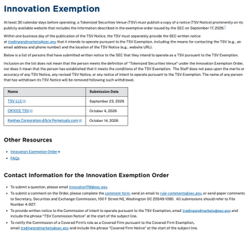 A webpage headed “Innovation Exemption” lists submission dates, including “September 23, 2024,” “October 4, 2024,” and “October 14, 2024.”