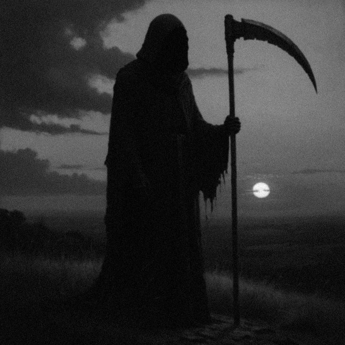A dark, atmospheric black-and-white image of a Grim Reaper figure holding a scythe, silhouetted against a twilight sky with a full moon visible in the background.