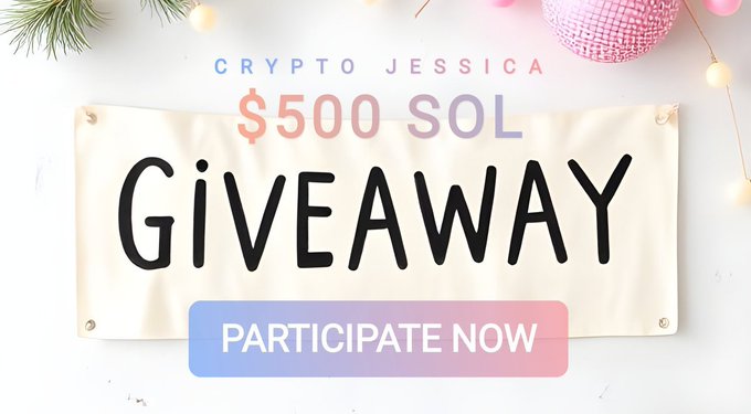 A Crypto Jessica $500 SOL Giveaway promotional banner with a 'Participate Now' button, decorated with pine branches and string lights.