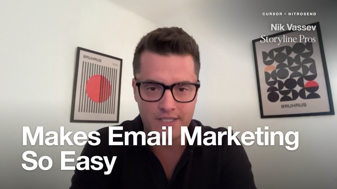 A video thumbnail featuring Nik Vassey of Storyline Pros with text 'Makes Email Marketing So Easy' and 'CURSOR × NITROSEND' branding.