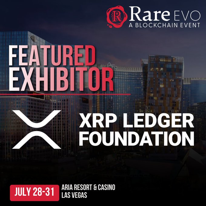 A promotional graphic for Rare EVO blockchain event featuring the XRP Ledger Foundation as a featured exhibitor, scheduled for July 28-31 at Aria Resort & Casino in Las Vegas, aligning with the post's excitement about showcasing the XRP network and community to newcomers at the conference.