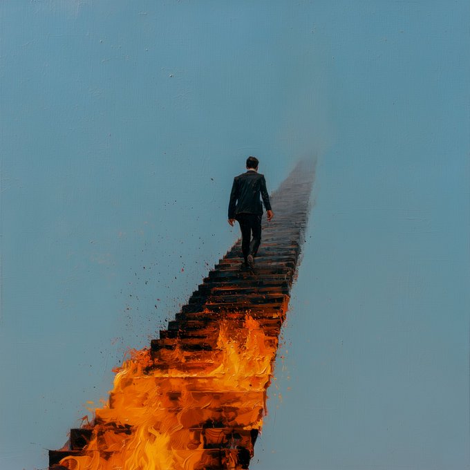 A solitary figure in a suit climbs a steep staircase ascending into a vast blue sky, while flames engulf the steps behind them, symbolizing perseverance as "the only way is up"—the literal upward path leaving the burning past behind.