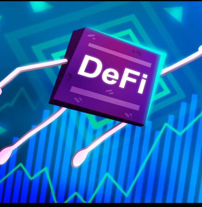 A purple cube labeled 'DeFi' floats against a blue background with circuit lines and green financial charts.