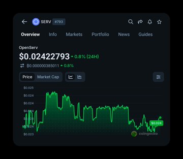 A CoinGecko-style cryptocurrency price page showing OpenServ (SERV) at $0.02422793, up 0.8% over 24 hours, with a green price chart.