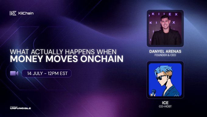 The image is a promotional graphic for a Kiichain event titled "What Actually Happens When Money Moves Onchain" scheduled for 14 July at 12PM EST, featuring Kiichain Co-Founder & CEO Danyel Arenas alongside co-host "Ice," with branding from Unfungible visible at the bottom, visually setting up the upcoming discussion on cross-border transfers and everyday payments.