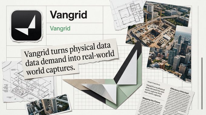 A promotional graphic for 'Vangrid' showing the app logo alongside architectural floor plans and cityscape photos, with text explaining that Vangrid turns physical data demand into real-world captures.