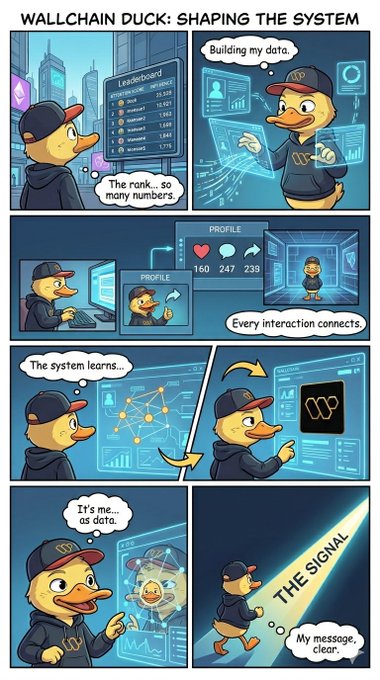 The image features a cartoon duck holding up a sign with the words "Wallchain" written on it. The duck appears to be talking about the importance of shaping the system's interpretation of users' presence within the network. This message emphasizes that the way people interact and engage with the system matters, as it contributes to the overall understanding and perception of the user experience.