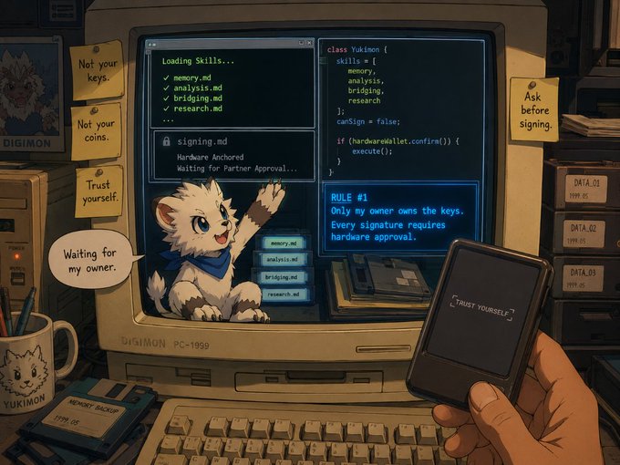 A stylized anime-style illustration of a Digimon-themed computer interface featuring a white kitten character, code snippets for 'class Yukimon', and sticky notes reminding the user 'Not your keys, Not your coins, Trust yourself.'
