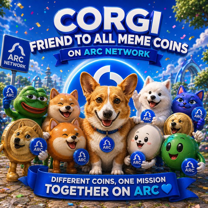 A vibrant promotional image for 'CORGI' meme coin on ARC NETWORK, featuring a central corgi surrounded by other animal meme coins with the tagline 'DIFFERENT COINS, ONE MISSION TOGETHER ON ARC'.