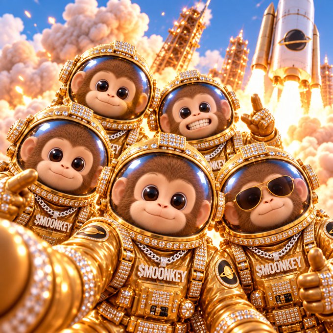 A digital artwork showing several cartoonish monkeys wearing gold, diamond-encrusted spacesuits labeled '$MOONKEY' posing in front of a rocket launch.