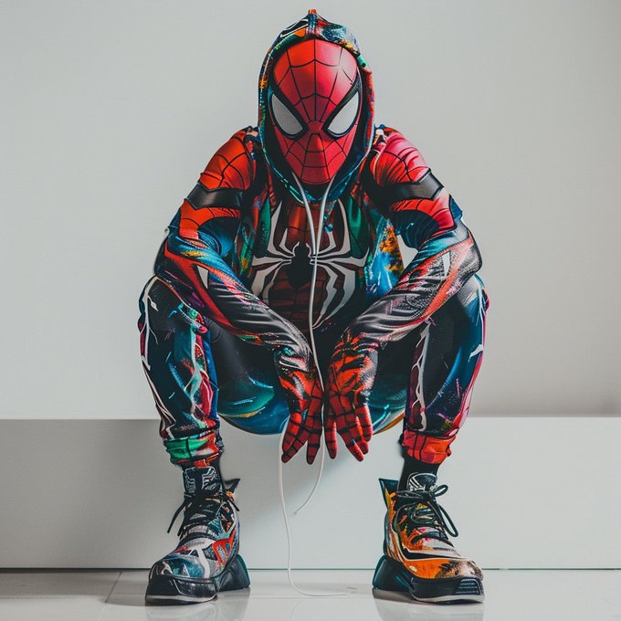 An artistic depiction of Spider-Man in a colorful suit squatting on a reflective surface, with white earphone cords hanging down.