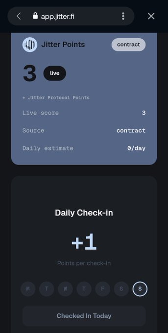 This screenshot from app.jitter.fi shows a user's "Jitter Points" dashboard with a "Live score" of 3 from the "contract" source. The interface displays a "Daily Check-in" section with a "+1" points prompt, coinciding with the user's "Day 3" progress mentioned in the post.