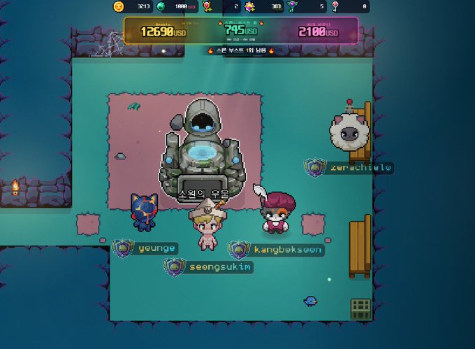 A screenshot from a multiplayer pixel-art game showing characters standing around a stone altar, with usernames like 'youngc', 'kangbuksoon', and 'seongsukin' displayed above them.