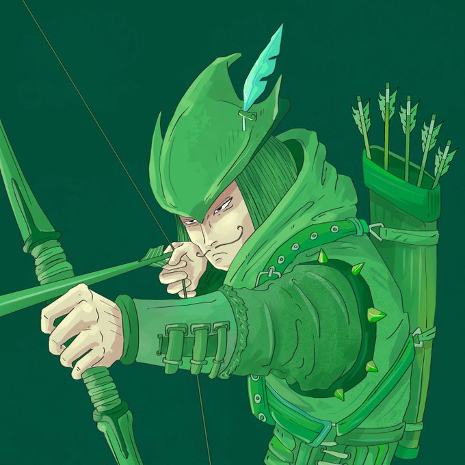 An illustration depicts a character in green archer's attire with a hood and feather, drawing back a bow against a solid green background.