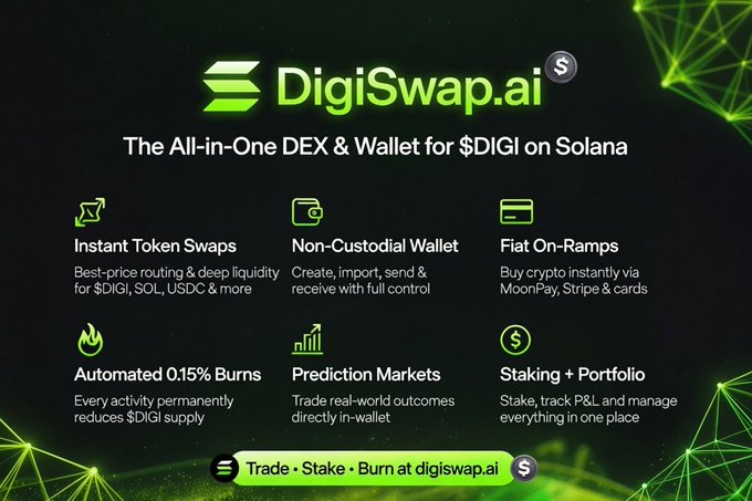 A promotional graphic for **DigiSwap.ai** — the all-in-one DEX & wallet for **$DIGI** on Solana — highlighting features like Instant Token Swaps, a Non-Custodial Wallet, Fiat On-Ramps, Automated 0.15% Burns, Prediction Markets, and Staking + Portfolio, with the tagline "Trade · Stake · Burn at digiswap.ai." The post's note "Updates indeed!" suggests new developments or announcements are being made for the $DIGI ecosystem.