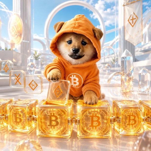 A digital illustration shows a Shiba Inu puppy wearing an orange hoodie with the Bitcoin logo, surrounded by glowing golden blocks featuring the 'B' Bitcoin symbol.