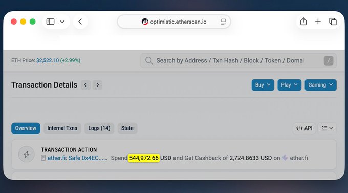 A screenshot of an Optimistic Etherscan transaction details page showing a $544,972.66 USD purchase on ether.fi (Safe 0x4EC...) with $2,724.8633 USD in cashback earned, illustrating the large single EtherFi card transaction referenced in the post.