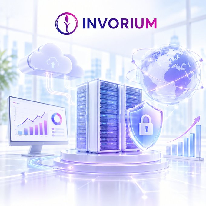 **Caption:** The "INVORIUM" logo is displayed above a stylized illustration of cloud-based server infrastructure, featuring data servers, a security shield, a globe, and analytics dashboards, visually reinforcing the platform's announcement of internal infrastructure optimization to enhance stability and fault tolerance for its growing ecosystem.