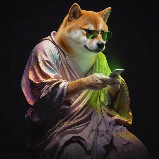 ikebana artist creates a digital illustration of a Shiba Inu dog, dressed in a pink robe and green sunglasses, holding a phone against a black background.