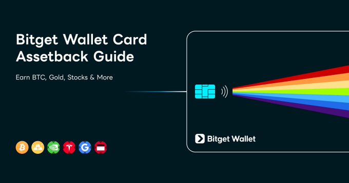 Promotional graphic for Bitget Wallet Card's new "Assetback" feature, displaying the headline "Bitget Wallet Card Assetback Guide — Earn BTC, Gold, Stocks & More," alongside a Bitget Wallet card illustration projecting a rainbow beam and a row of crypto/token icons (including BTC and others), visually promoting the launch of asset-based cashback rewards on Aug 1.
