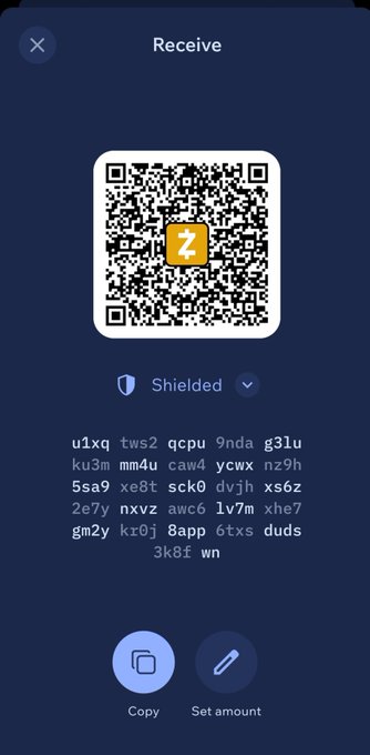A mobile app screen titled "Receive" showing a QR code with a "Z" logo, labeled "Shielded", along with a partial address and buttons to Copy or Set amount.