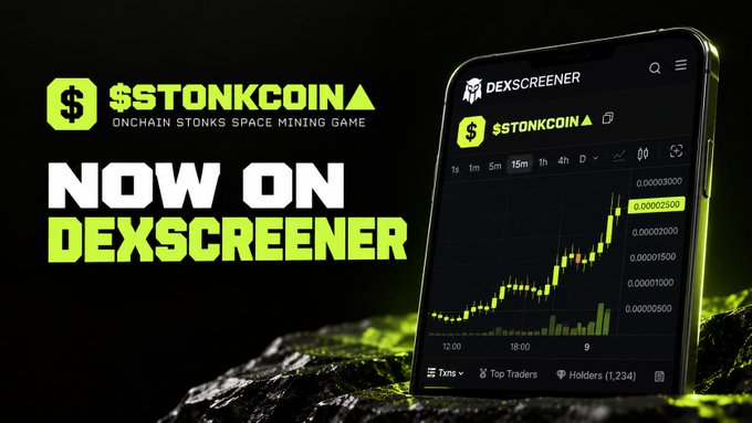 A promotional graphic reads '$STONKCOIN ONCHAIN STONKS SPACE MINING GAME NOW ON DEXSCREENER' next to a smartphone displaying a rising price chart on the DexScreener app.