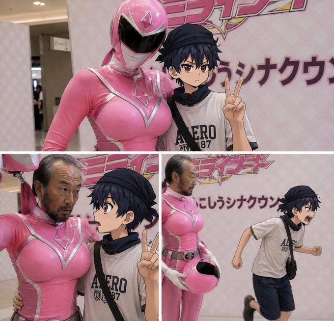 A three-panel meme showing a man dressed in a pink Power Ranger costume posing with a cardboard cutout of an anime character wearing an 'AERO 1987' shirt and a beanie, then pretending to look up at the cutout's face, and finally chasing it down a hallway.
