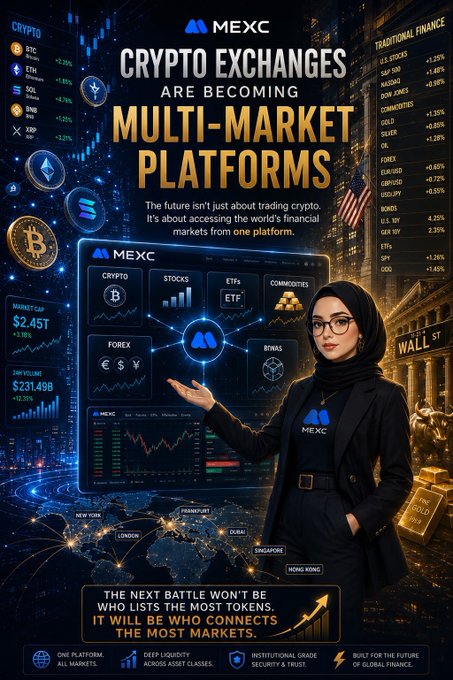 This poster, for MEXC, advertises crypto exchanges as becoming "Multi-Market Platforms" that connect traditional finance markets like stocks, forex, and commodities from one platform, not just crypto tokens. The image visually represents this by showing crypto symbols alongside traditional financial assets and global city connections.