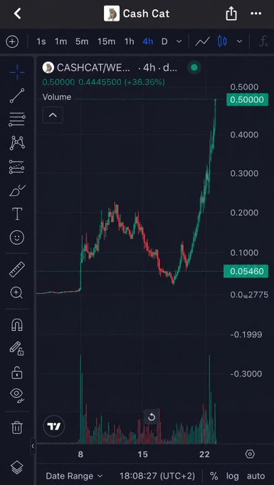 A 4-hour trading chart for 'Cash Cat' (CASHCAT/WE...USDT) showing a price surge to 0.50000, up +36.36%, displayed on a TradingView-style interface.