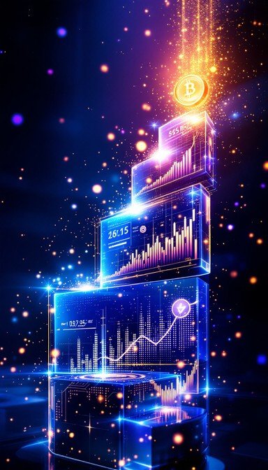 A futuristic digital art piece depicting stacked glowing screens with financial chart graphs and a Bitcoin symbol emitting golden light particles.